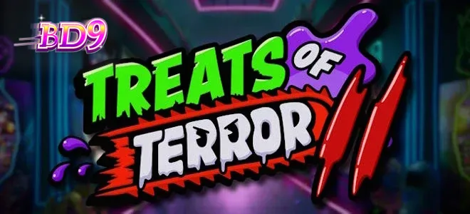 Treats of Terror II স্লট গেমের একটি দৃশ্য যেখানে মিষ্টি খাবারের দানবীয় রূপ দেখা যাচ্ছে।
